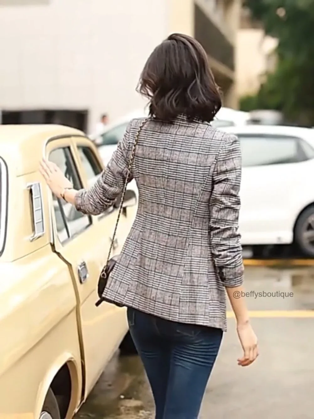 Notch Lapel 2 Button Boyfriend Blazer Suit Houndstooth Plaid Jacket Coat - Picture 6 of 6